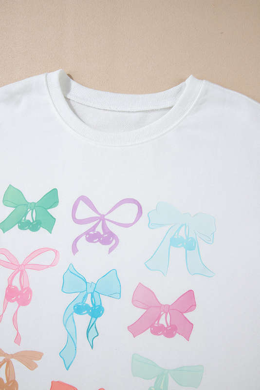 White Bowknot Pattern Drop Shoulder Loose Sweatshirt