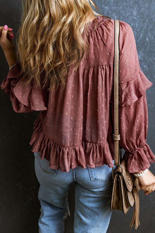 Red Swiss Dot Lace up V Neck Ruffled Blouse
