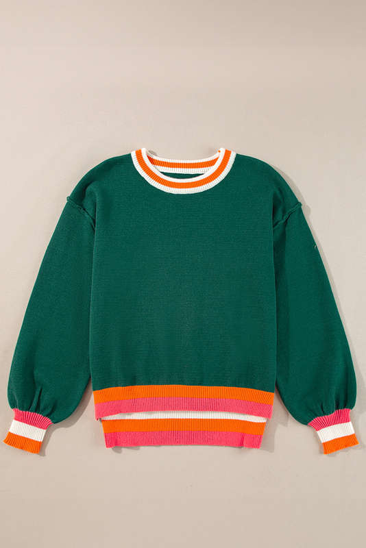 Blackish Green Colorblock Striped Trim Drop Shoulder Sweater