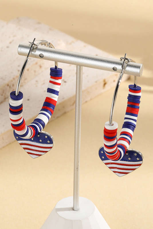 Silvery US Flag Heart Pendant Beaded Big Hoop Earrings