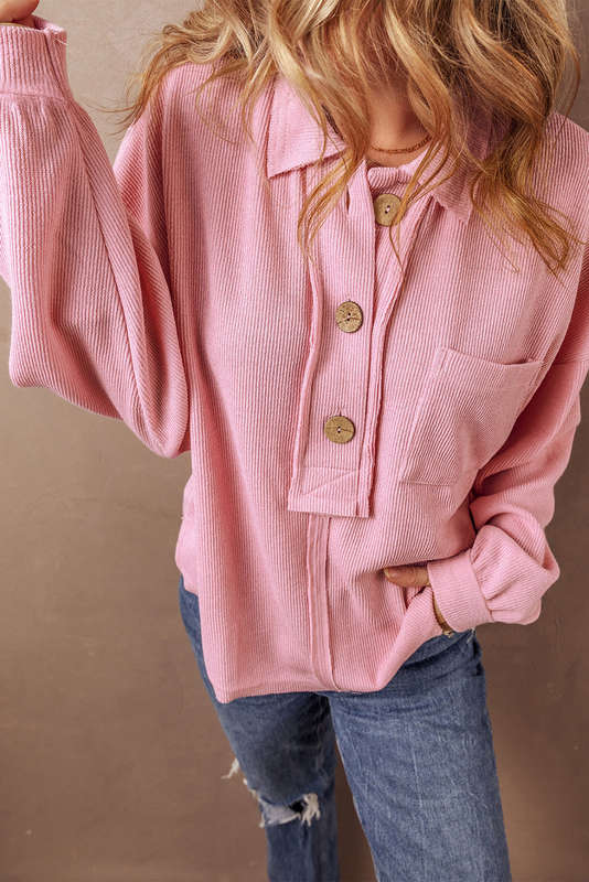 Pink Ribbed Knit Collared Henley Top with Chest Pocket
