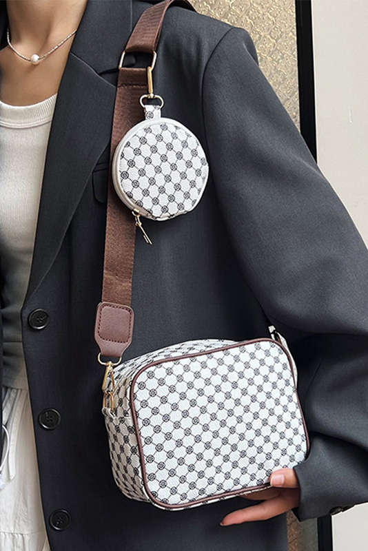 White Checkered Print PU Leather Shoulder Bag with Coin Wallet