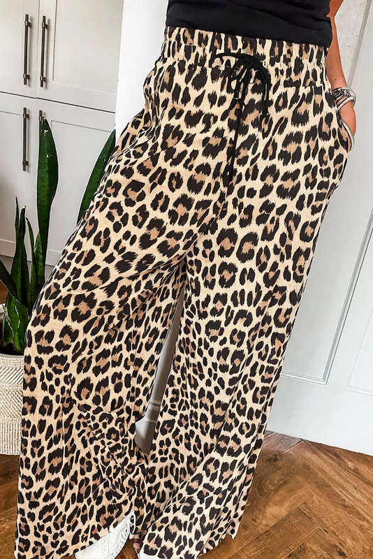 Parchment Leopard Drawstring Elastic Waistband Flowy Wide Leg Pants