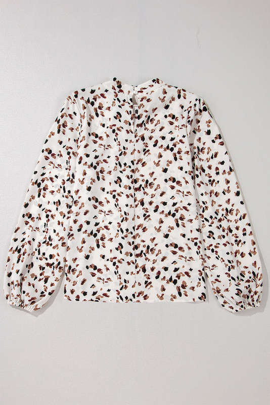 White Leopard Print Lantern Sleeve Mock Neck Pleated Blouse