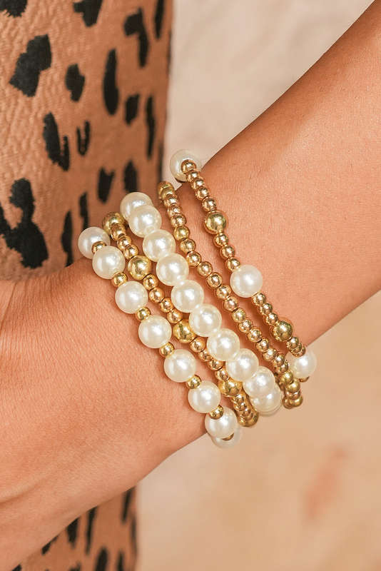Gold Cross Pearls Decor Plated Beaded Multi Layer Bracelets