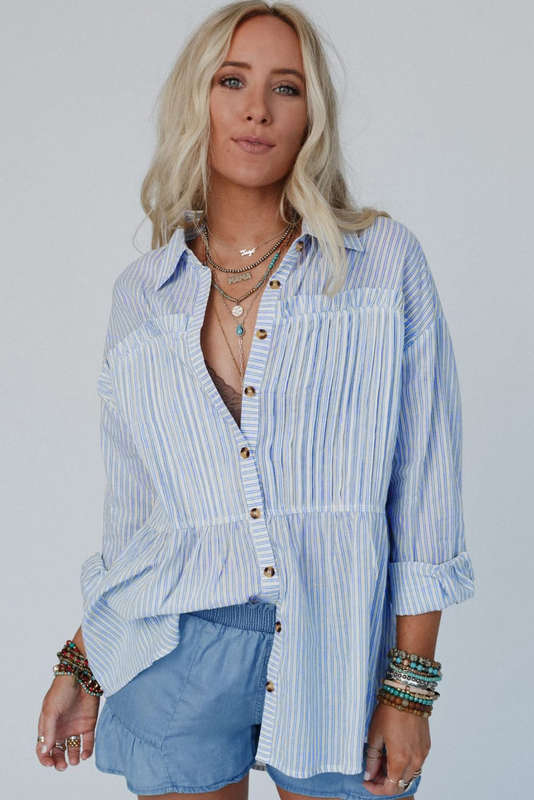 Blue V-Neck Knitted Summer Top with Exposed Seams