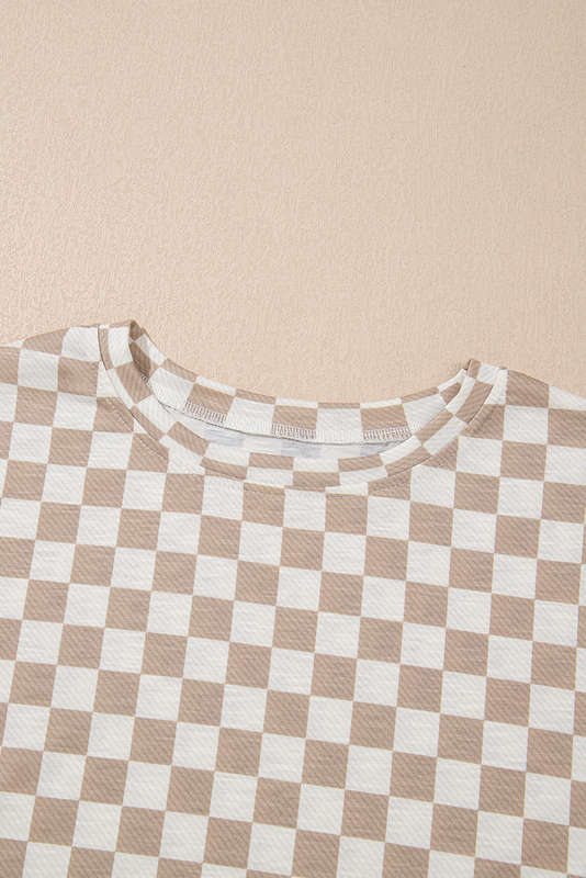 Brown Checkerboard T Shirt and High Waist Skorts 2 Piece Outfit