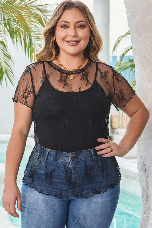 Black Plus Size Sheer Lace Mesh Short Sleeve Top