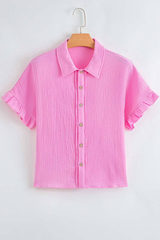 Bonbon Mineral Wash Textured Ruffle Trim Short Sleeve Shirt