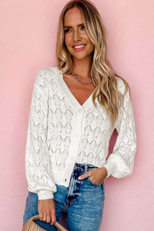 White Lightweight Buttoned Front Crochet Cardigan