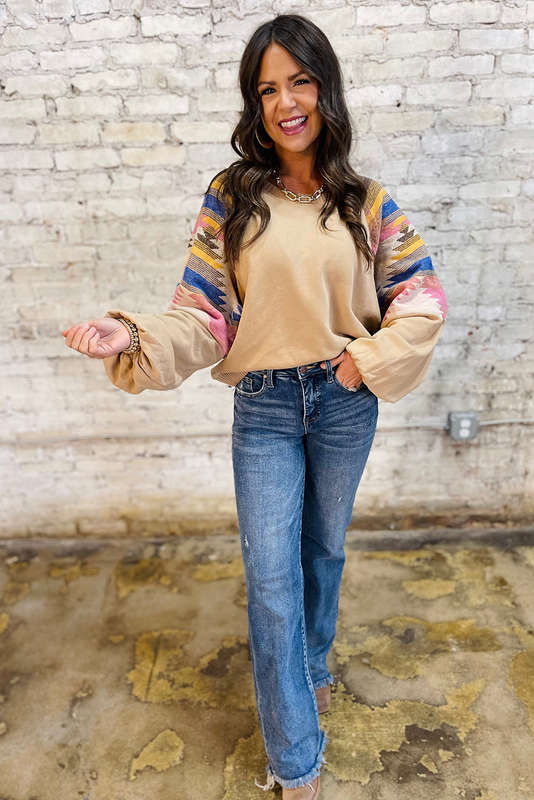 Light French Beige Aztec Patchwork Raglan Pullover Sweatshirt