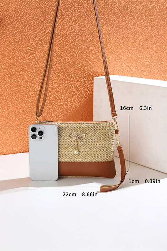 Beige Bow Pearl Decor Straw PU Leather Patched Crossbody Bag