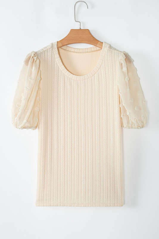 Apricot Polka Dot Mesh Puff Sleeve Textured Blouse