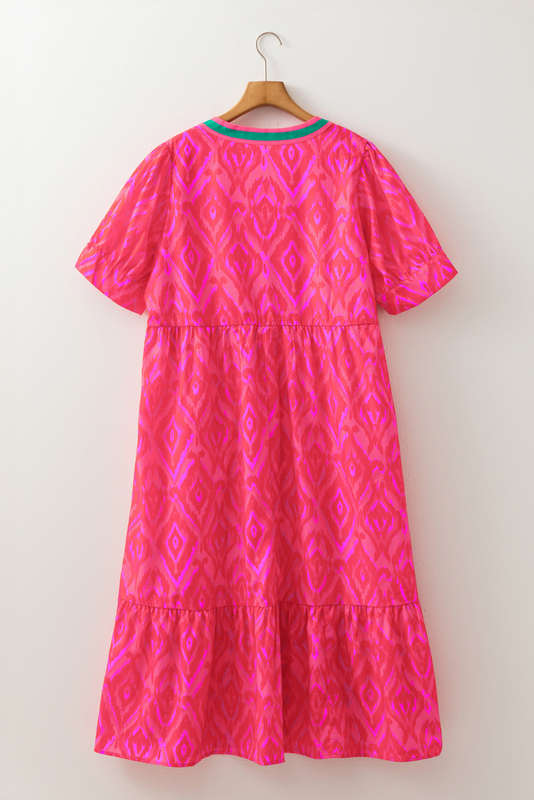 Red Allover Print Contrast Split Neckline Short Puff Sleeve Curvy Dress