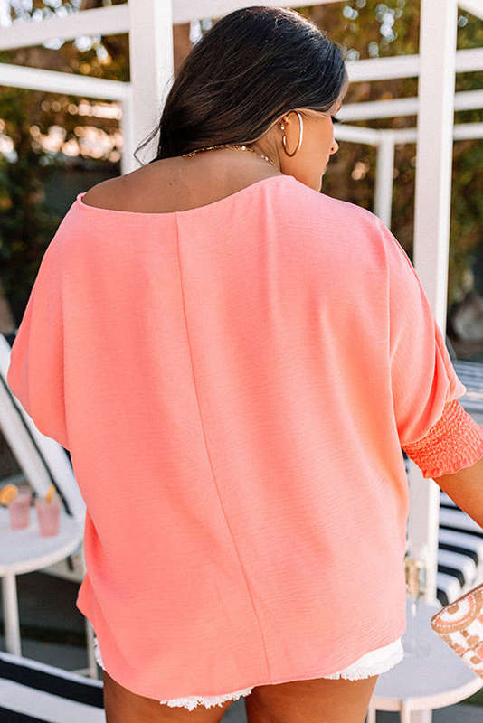Blossom Shirred Cuffs Half Sleeve Plus Size Textured Blouse