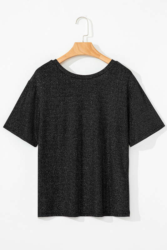 Black Bow Decor Glittery Short Sleeve Top