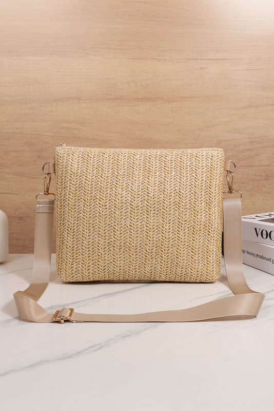 Thai Curry Leather Pocket Patchwork Straw Woven Shoulder Bag