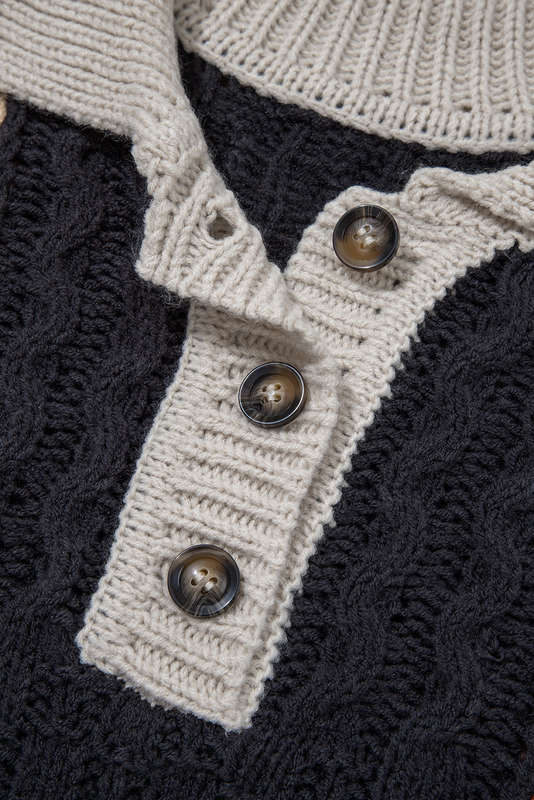 Multicolour Color Block Cable Knit Sleeve Buttons Collared Sweater