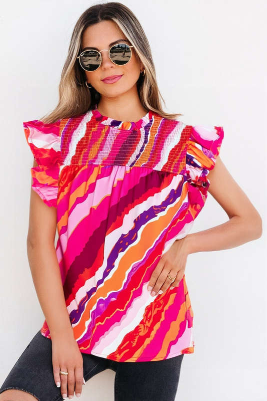 Rose Abstract Print Shirred Yoke Ruffled Blouse