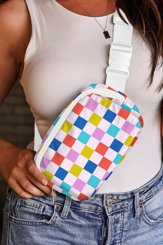 White Color Block Checkered Buckle Wide Belt Sling Bag