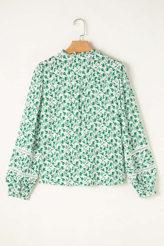 Green Printed Lace Detail Floral Puff Sleeve Fall Shirt