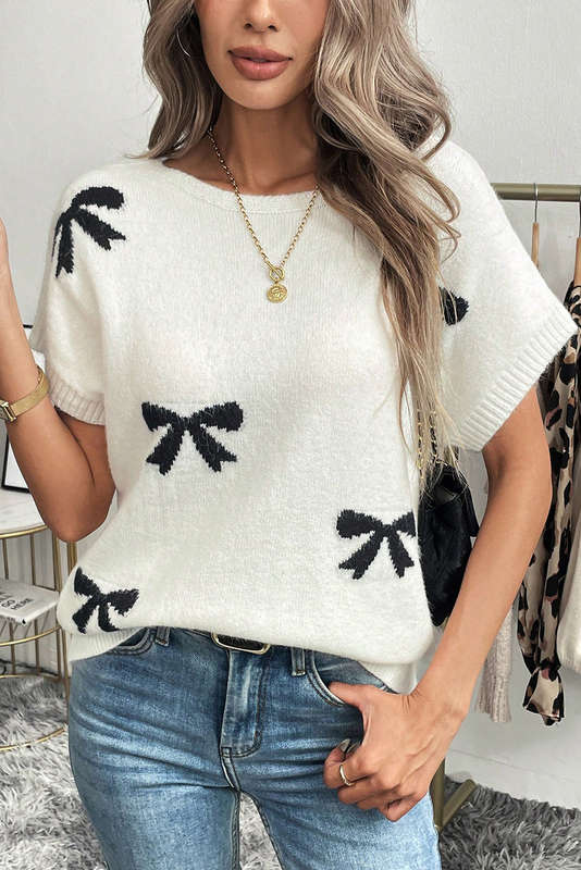 White Bow Pattern Knit Short Sleeve Sweater