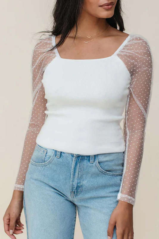 White Swiss Dot Mesh Long Sleeve Square Neck Slim Top