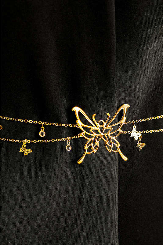 Gold Butterfly Decor Tassel Plate Alloy Layered Waist Chain