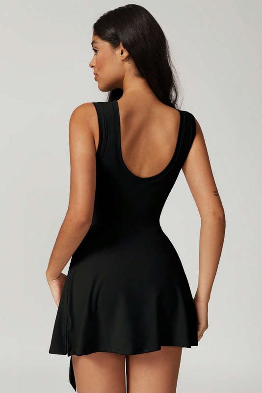 Black Sleeveless Knot Skirt Hem Sports Romper