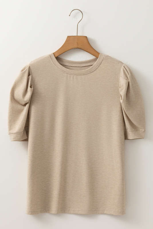 Parchment Solid Color Ruched Puff Sleeve T Shirt