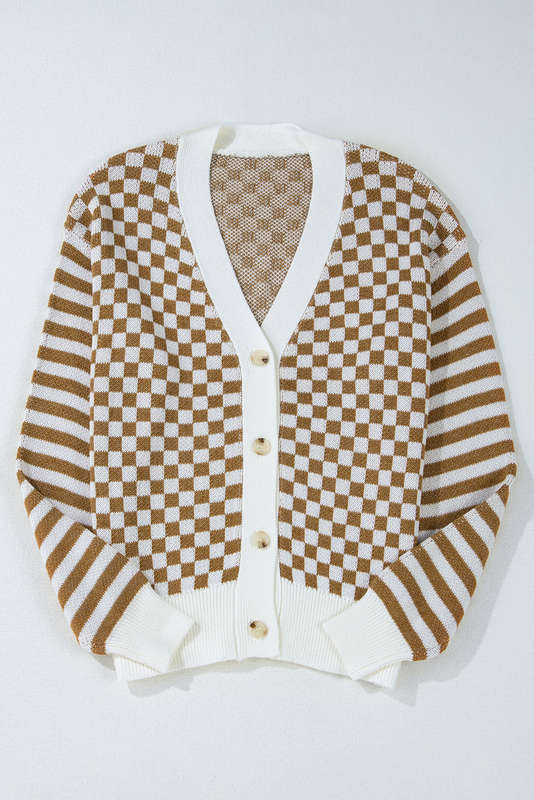 Brown Checkered Striped Patched Buttoned V Neck Cardigan