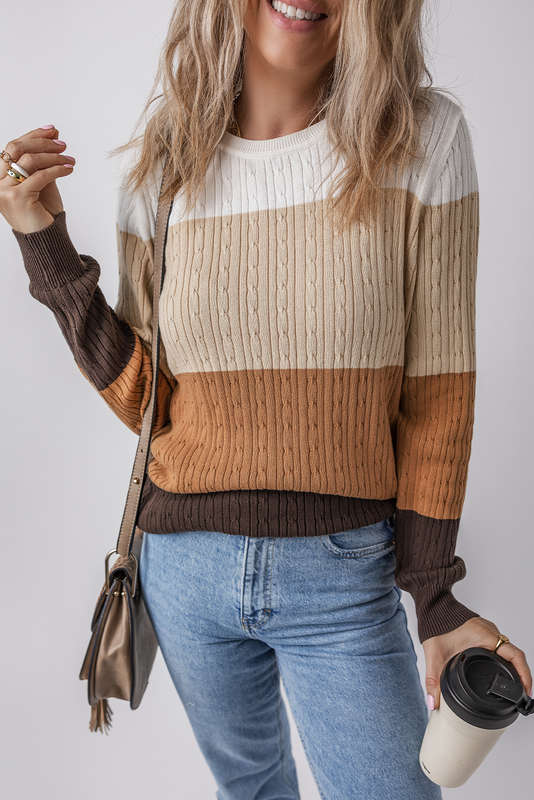 Khaki Colorblock Cable Knit Round Neck Sweater