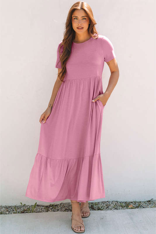 Pink Solid Color T-shirt High Waist Pocketed Long Dress
