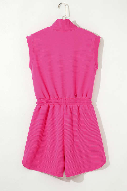 Rose Red Textured Short Sleeve Half Zip Drawstring Waist Romper
