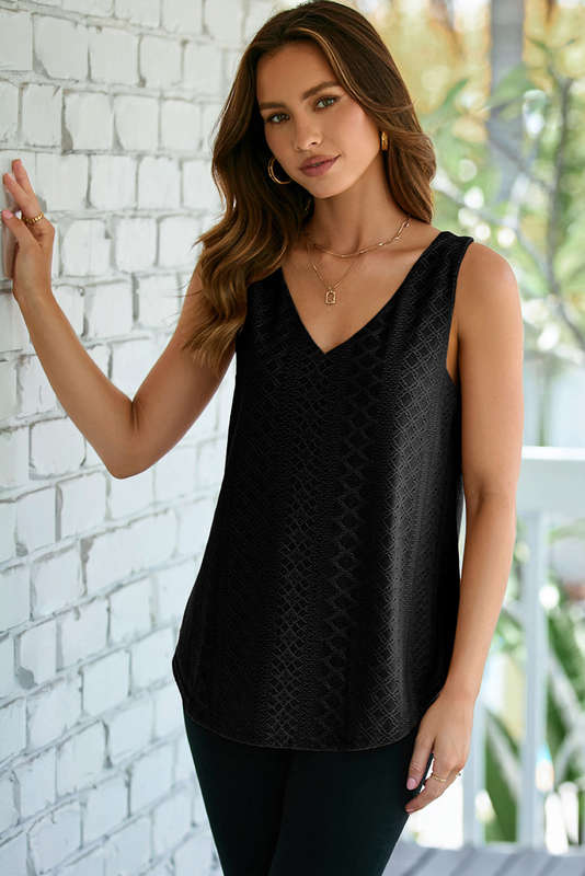 Black Eyelet Knit Patterned Loose V Neck Tank Top