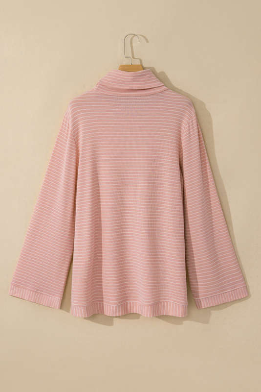 Pink Stripe Cowl Neck Side Slits Loose Fit Long Sleeve Top