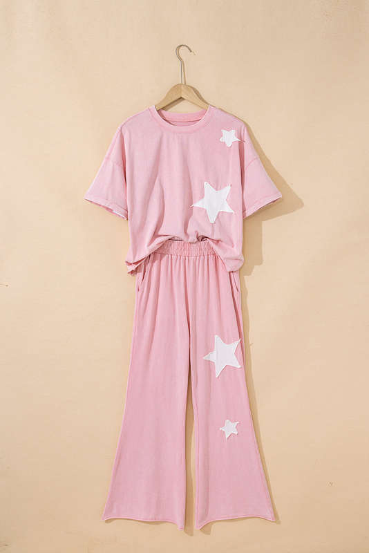 Light Pink Acid Wash Star Patched Rolled Trim Pants Set