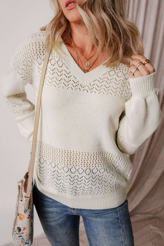White Eyelet Pattern Detail V Neck Drop Shoulder Sweater