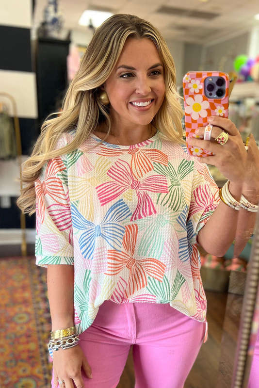 Multicolour Bowknot Printed Waffle Crewneck Loose Short Sleeve Top