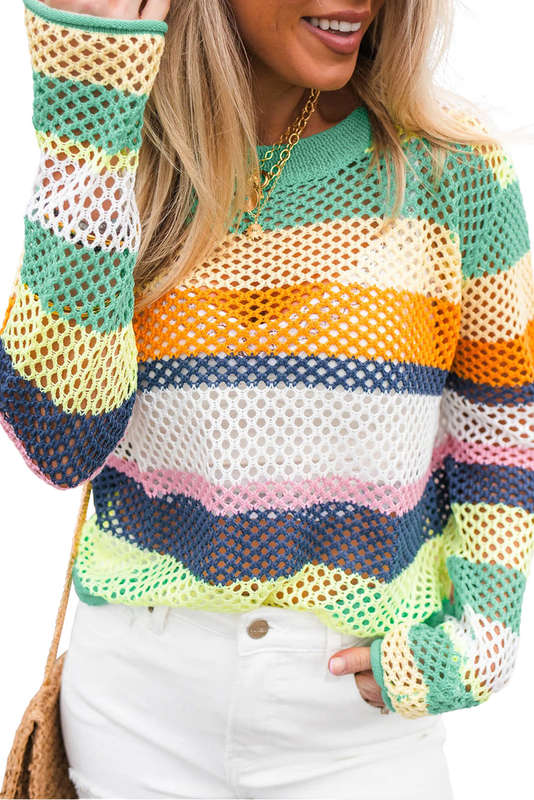 Green Knitted V-Neck Casual Top with Raw Seam Detail
