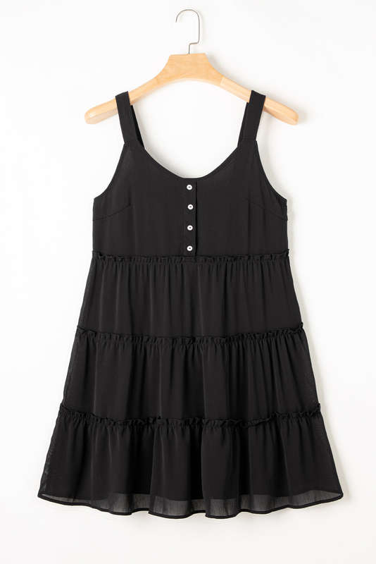 Black Button V Neck Frilly Tiered Sleeveless Dress