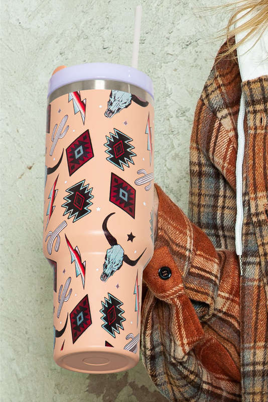 Apricot Pink Western Aztec Steer Head Stainless Tumbler 40oz