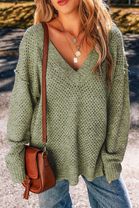 Green Knitted V-Neck Casual Top with Raw Seam Detail