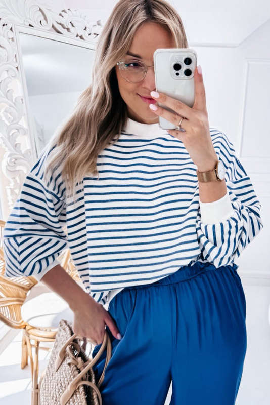 Blue V-Neck Knitted Summer Top with Exposed Seams