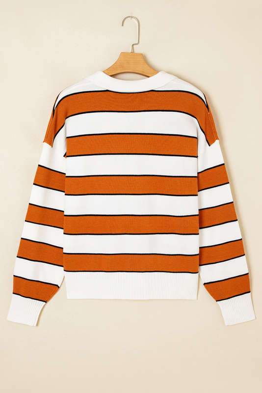 Brown Stripe Ribbed Polo Collar Drop Shoulder Sweater