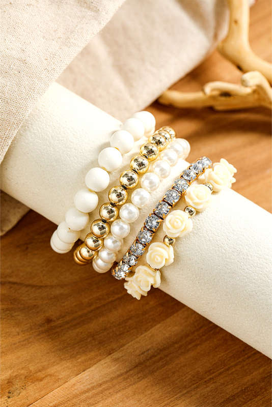 White Flower Rhinestone Beaded Multi Layer Bracelet Set
