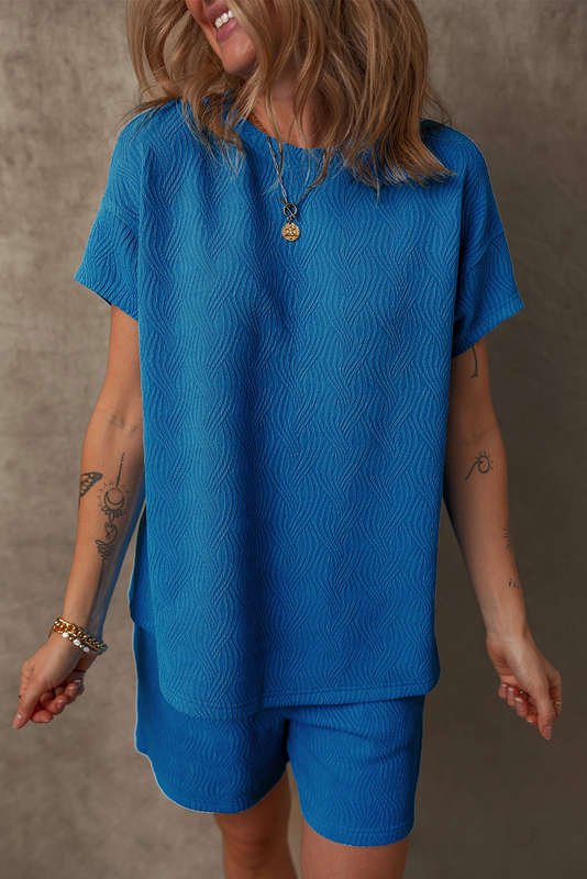 Bluing Solid Textured Crew Neck Short Set