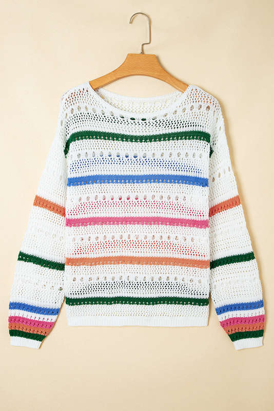 White Color Block Striped Pointelle Knit Sweater