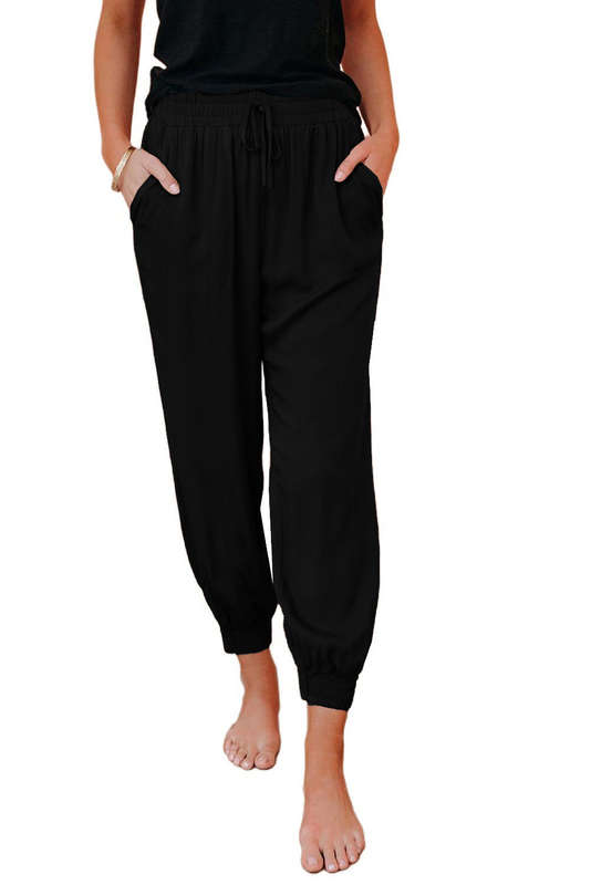 Black Drawstring Elastic Waistband Pocketed Cropped Jogger Pants