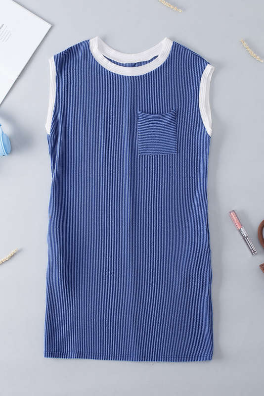 Blue V-Neck Knitted Summer Top with Exposed Seams